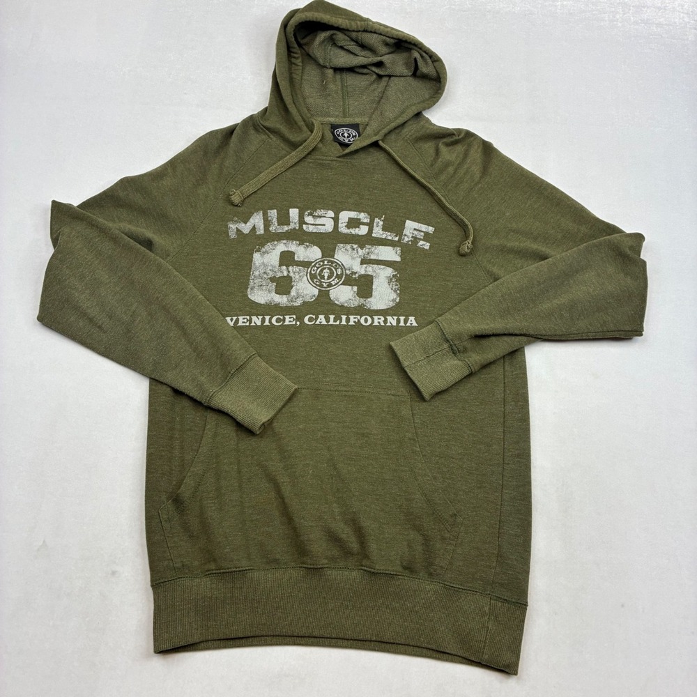 Golds Gym Hoodie Mens Medium Olive Green Muscle 65 Venice California Graphic - Picture 2 of 6